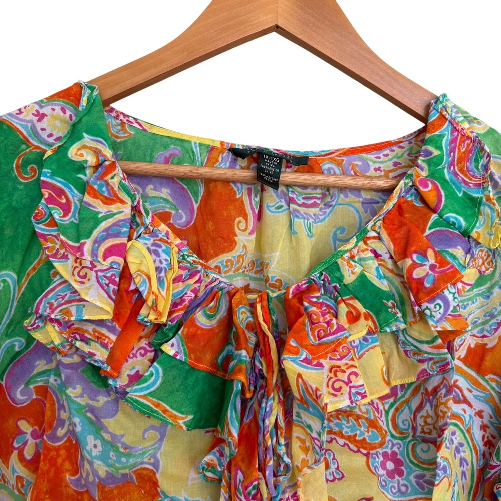 Lauren Ralph Lauren Womens 1X Paisley Ruffle Neck Cotton Blouse Multicolor - Picture 5 of 10